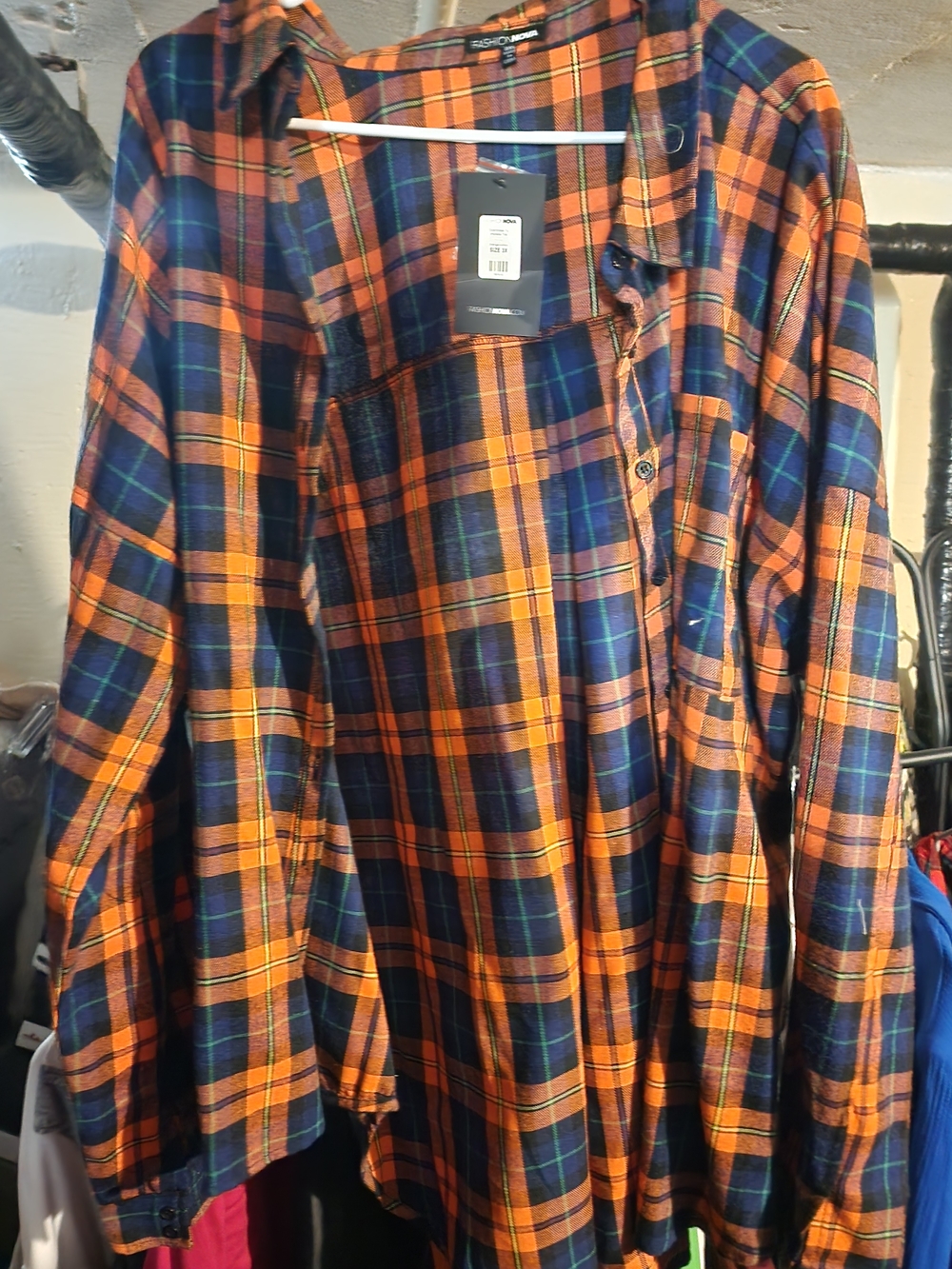 Fashion Nova Men’s Orange & Navy Plaid Button-Down Shirt
